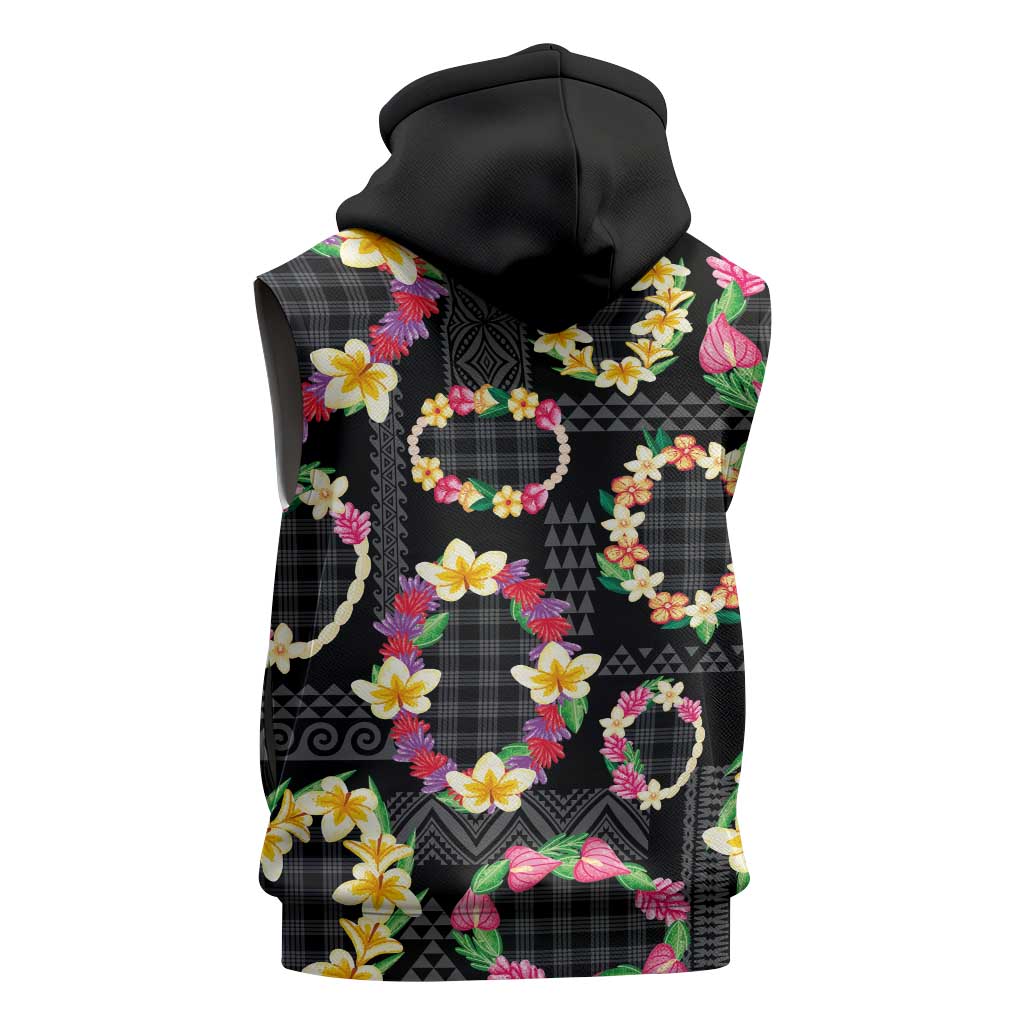 Hawaiian Kakau Tattoo Leis and Palaka Pattern Sleeveless Zip Hoodie Traditional Aloha Tribal Black Color LT03 - Polynesian Pride