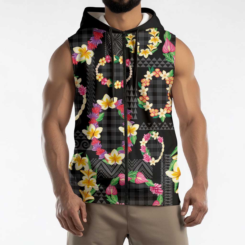 Hawaiian Kakau Tattoo Leis and Palaka Pattern Sleeveless Zip Hoodie Traditional Aloha Tribal Black Color LT03 - Polynesian Pride