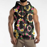 Hawaiian Kakau Tattoo Leis and Palaka Pattern Sleeveless Zip Hoodie Traditional Aloha Tribal Black Color LT03 - Polynesian Pride