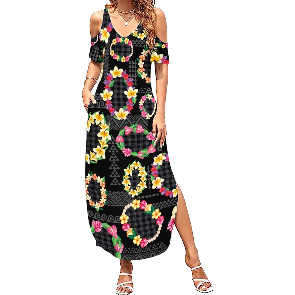 Hawaiian Kakau Tattoo Leis and Palaka Pattern Summer Maxi Dress Traditional Aloha Tribal Black Color LT03 Women Black - Polynesian Pride