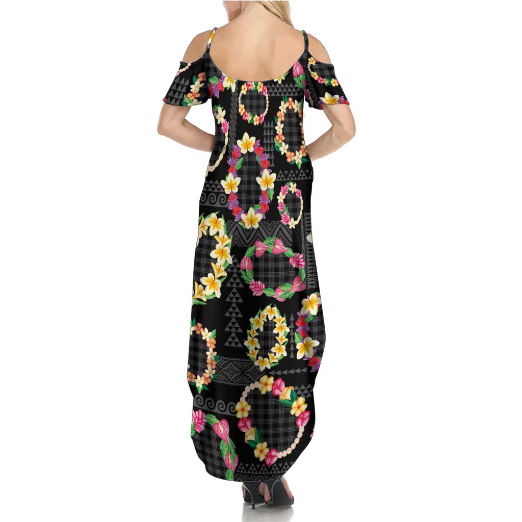 Hawaiian Kakau Tattoo Leis and Palaka Pattern Summer Maxi Dress Traditional Aloha Tribal Black Color LT03 - Polynesian Pride