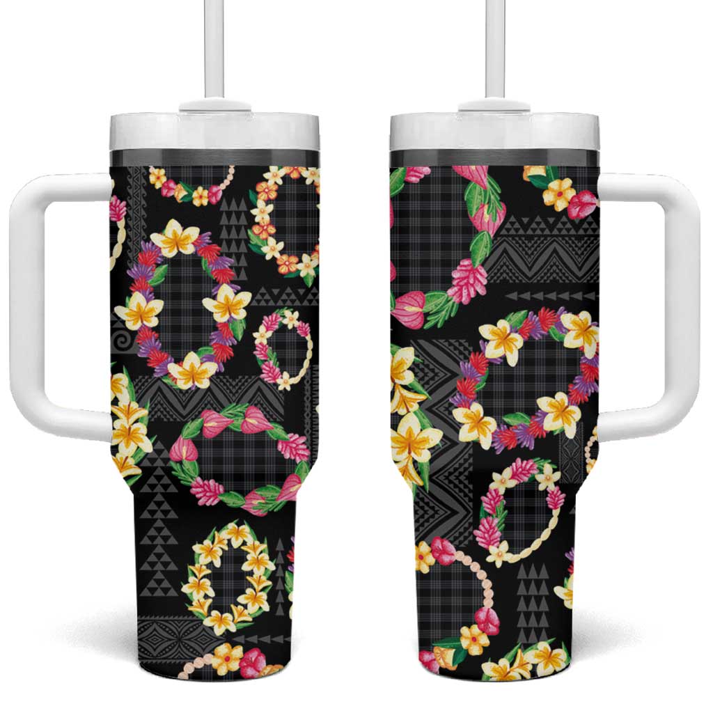 Hawaiian Kakau Tattoo Leis and Palaka Pattern Tumbler With Handle Traditional Aloha Tribal Black Color LT03 One Size: 40 oz Black - Polynesian Pride