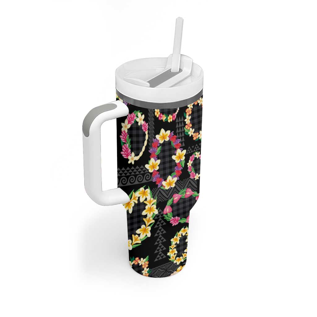 Hawaiian Kakau Tattoo Leis and Palaka Pattern Tumbler With Handle Traditional Aloha Tribal Black Color LT03 - Polynesian Pride