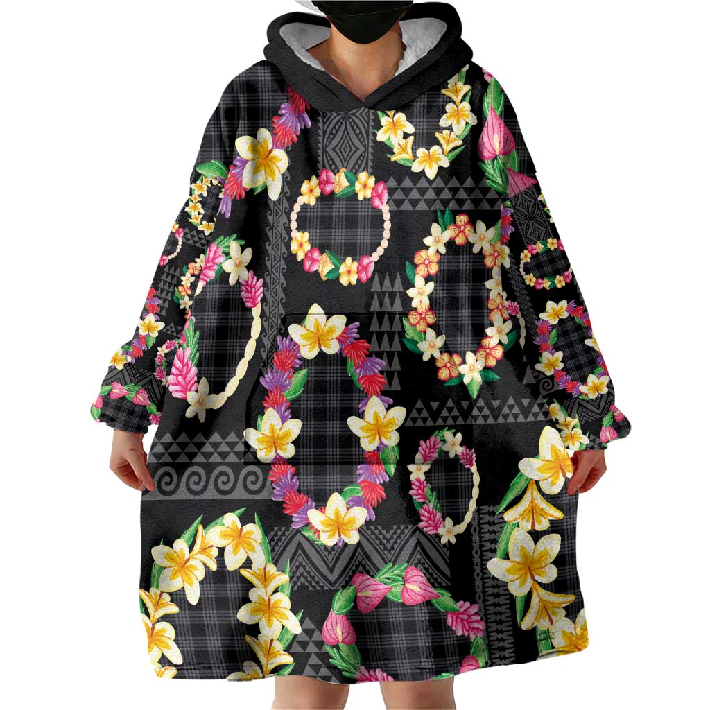 Hawaiian Kakau Tattoo Leis and Palaka Pattern Wearable Blanket Hoodie Traditional Aloha Tribal Black Color LT03 - Polynesian Pride