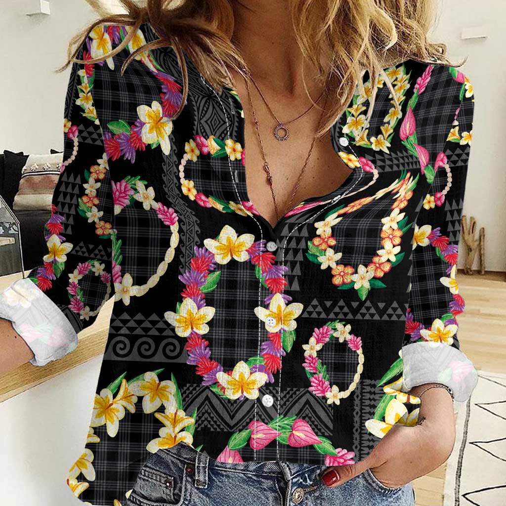 Hawaiian Kakau Tattoo Leis and Palaka Pattern Women Casual Shirt Traditional Aloha Tribal Black Color LT03 Female Black - Polynesian Pride