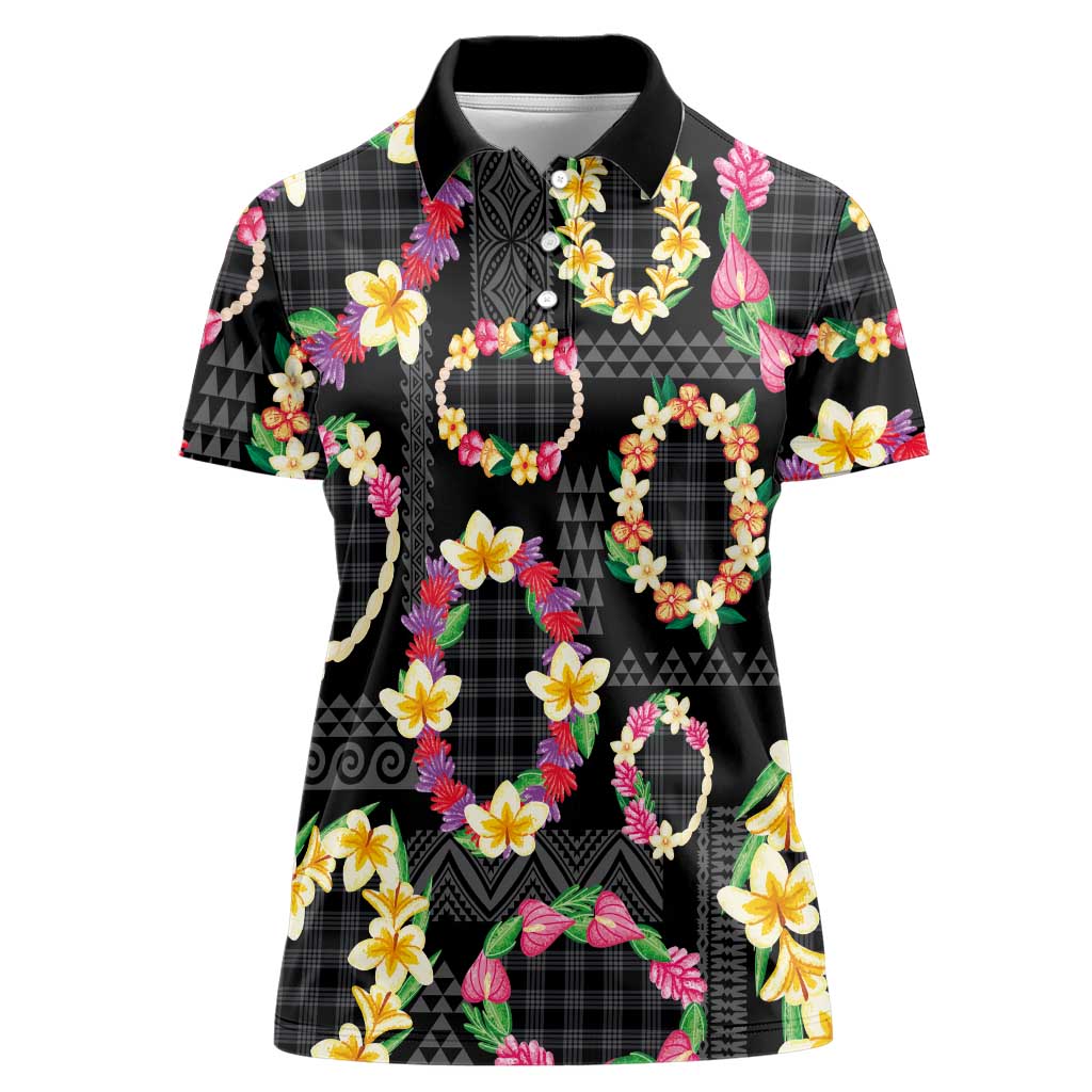 Hawaiian Kakau Tattoo Leis and Palaka Pattern Women Polo Shirt Traditional Aloha Tribal Black Color LT03 Female Black - Polynesian Pride