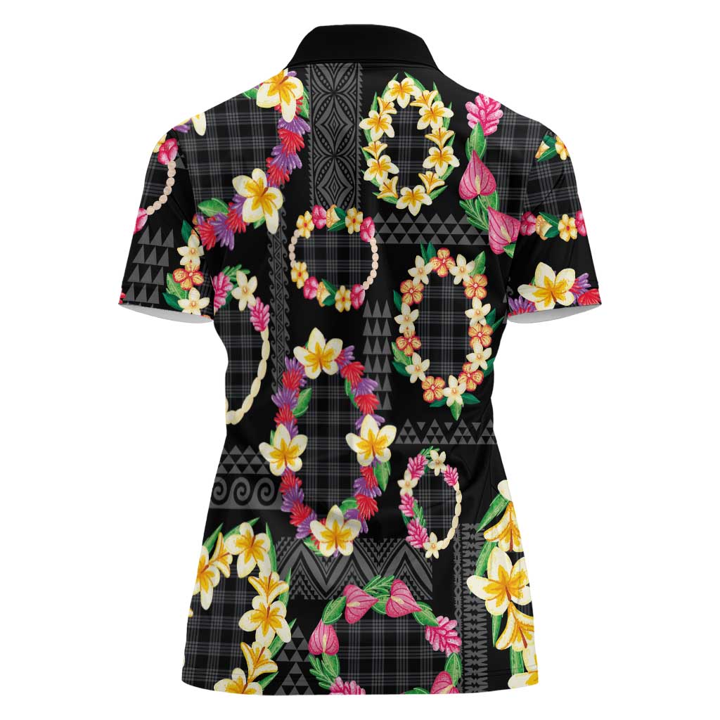 Hawaiian Kakau Tattoo Leis and Palaka Pattern Women Polo Shirt Traditional Aloha Tribal Black Color LT03 - Polynesian Pride