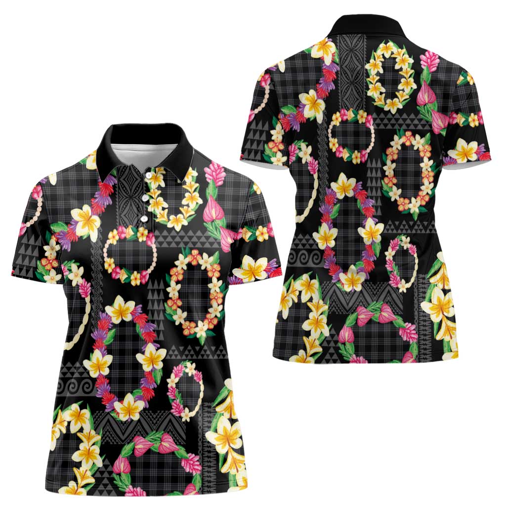 Hawaiian Kakau Tattoo Leis and Palaka Pattern Women Polo Shirt Traditional Aloha Tribal Black Color LT03 - Polynesian Pride