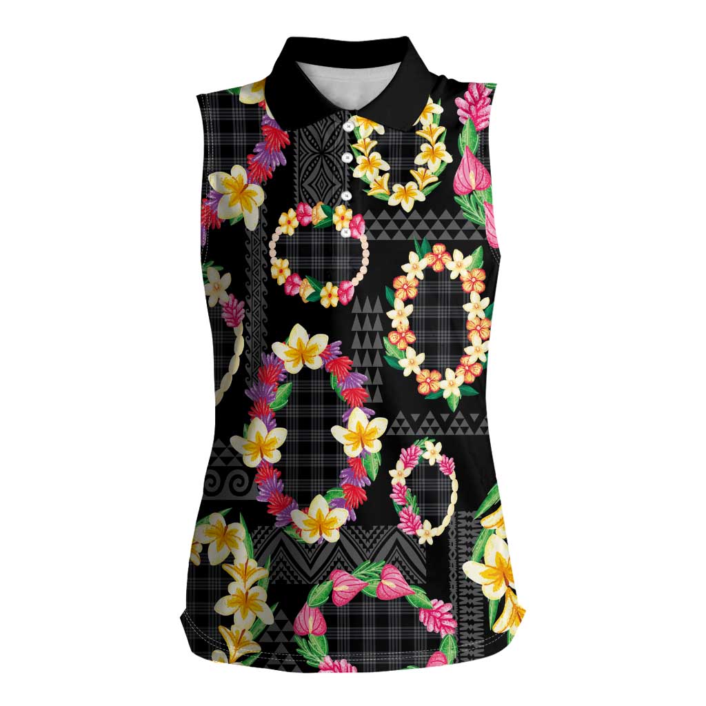 Hawaiian Kakau Tattoo Leis and Palaka Pattern Women Sleeveless Polo Shirt Traditional Aloha Tribal Black Color