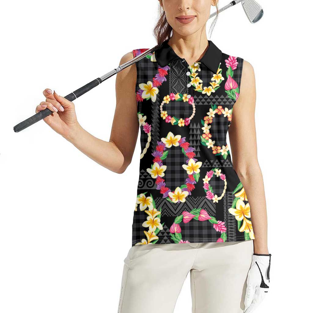 Hawaiian Kakau Tattoo Leis and Palaka Pattern Women Sleeveless Polo Shirt Traditional Aloha Tribal Black Color LT03 - Polynesian Pride