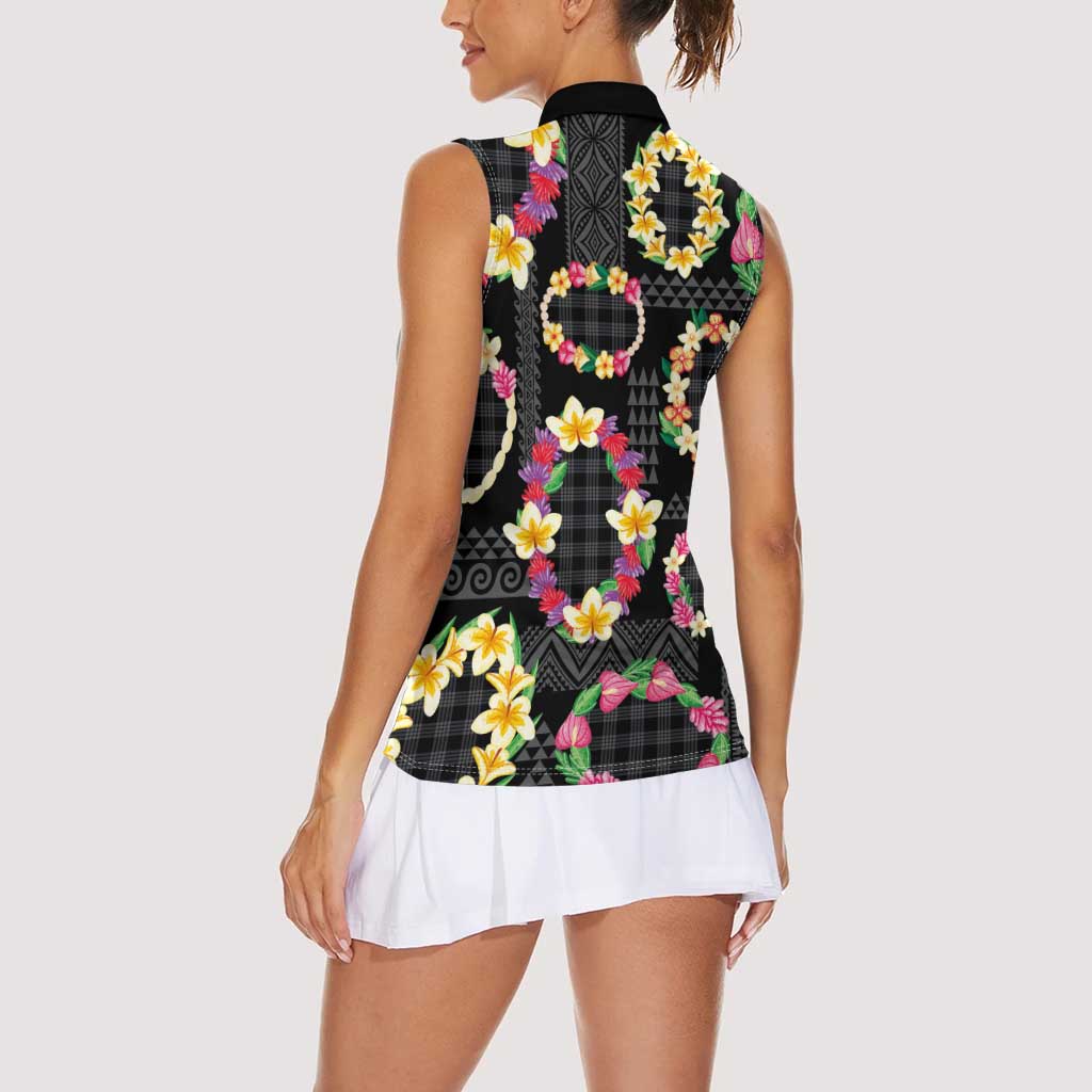 Hawaiian Kakau Tattoo Leis and Palaka Pattern Women Sleeveless Polo Shirt Traditional Aloha Tribal Black Color LT03 - Polynesian Pride