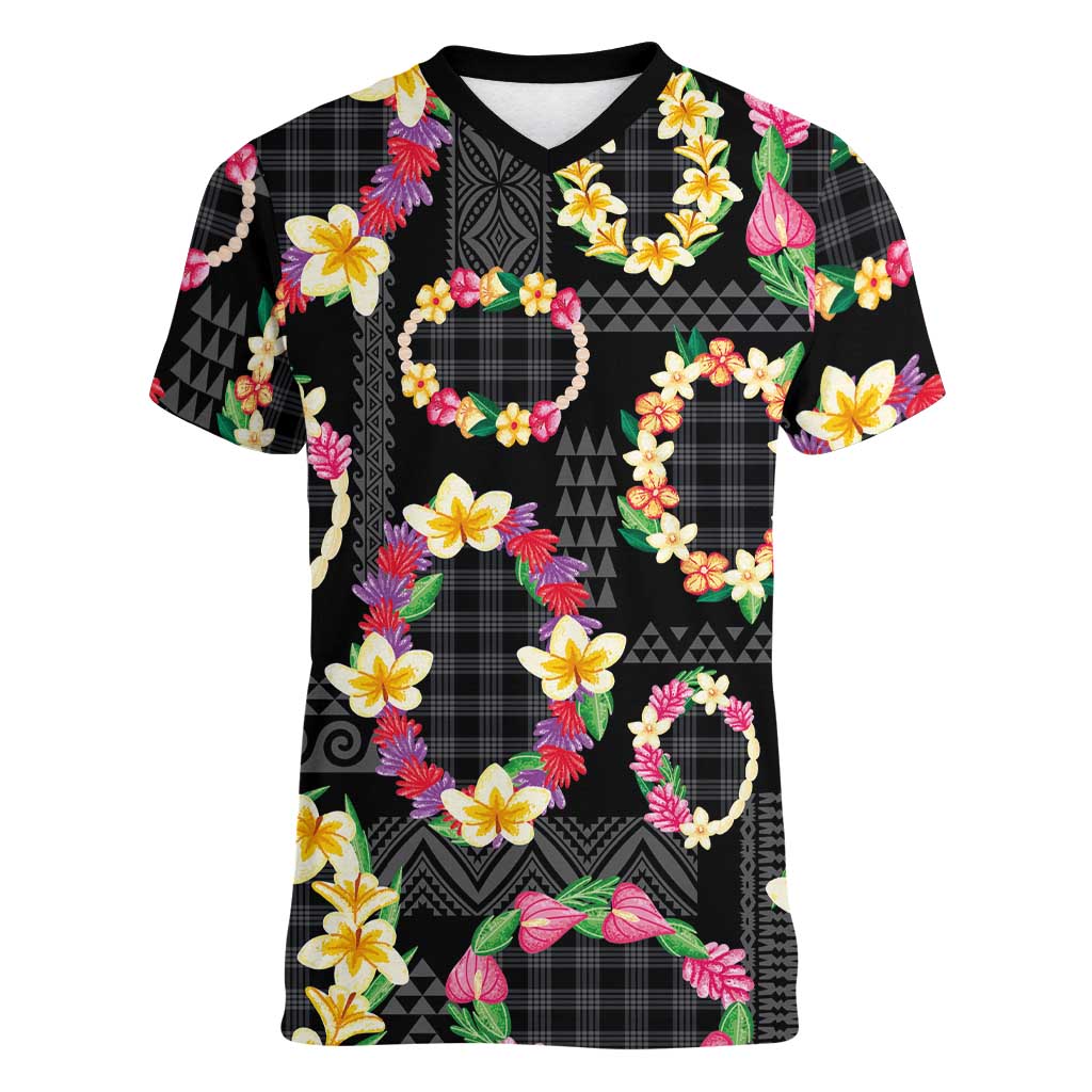 Hawaiian Kakau Tattoo Leis and Palaka Pattern Women V-Neck T-Shirt Traditional Aloha Tribal Black Color