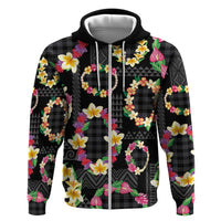 Hawaiian Kakau Tattoo Leis and Palaka Pattern Zip Hoodie Traditional Aloha Tribal Black Color LT03 Zip Hoodie Black - Polynesian Pride