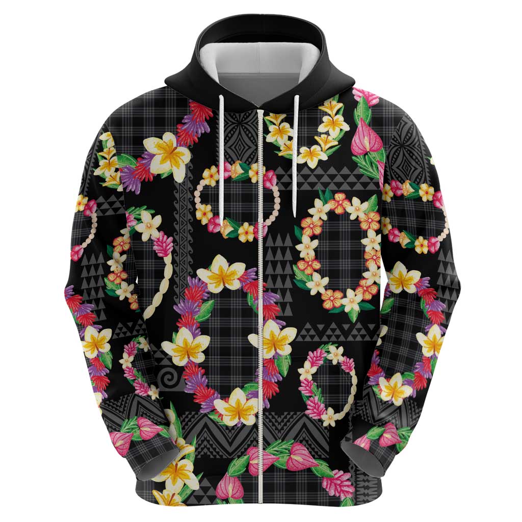 Hawaiian Kakau Tattoo Leis and Palaka Pattern Zip Hoodie Traditional Aloha Tribal Black Color LT03 - Polynesian Pride