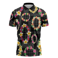 Hawaiian Kakau Tattoo Leis and Palaka Pattern Zipper Polo Shirt Traditional Aloha Tribal Black Color LT03 Black - Polynesian Pride