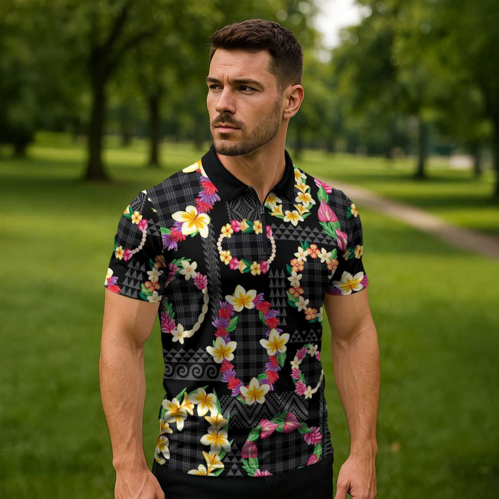 Hawaiian Kakau Tattoo Leis and Palaka Pattern Zipper Polo Shirt Traditional Aloha Tribal Black Color LT03 - Polynesian Pride
