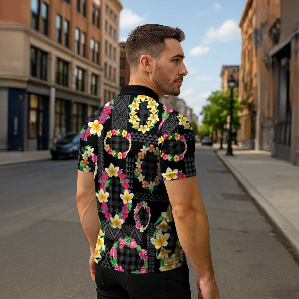 Hawaiian Kakau Tattoo Leis and Palaka Pattern Zipper Polo Shirt Traditional Aloha Tribal Black Color LT03 - Polynesian Pride