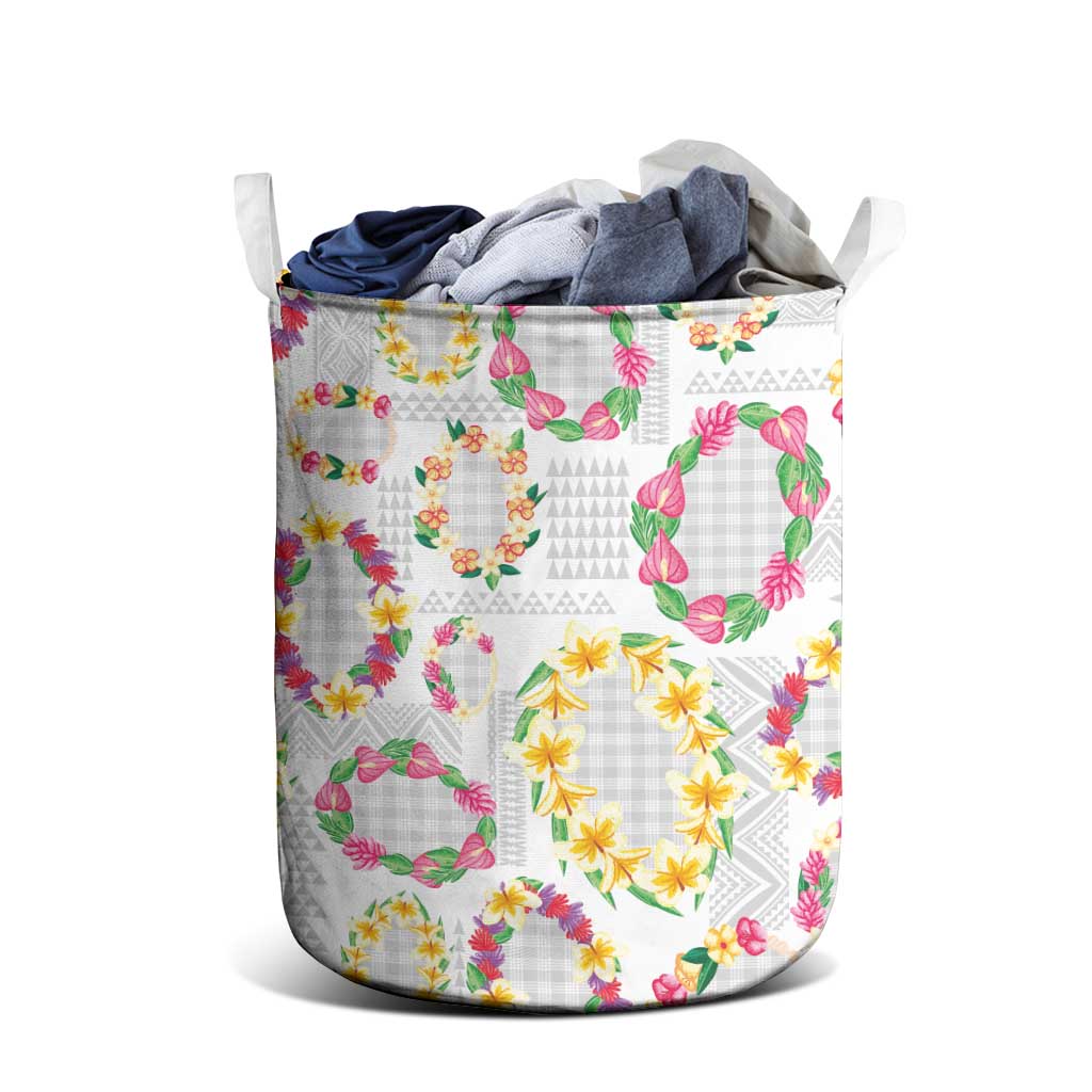 Hawaiian Kakau Tattoo Leis and Palaka Pattern Laundry Basket Traditional Aloha Tribal White Color LT03 - Polynesian Pride