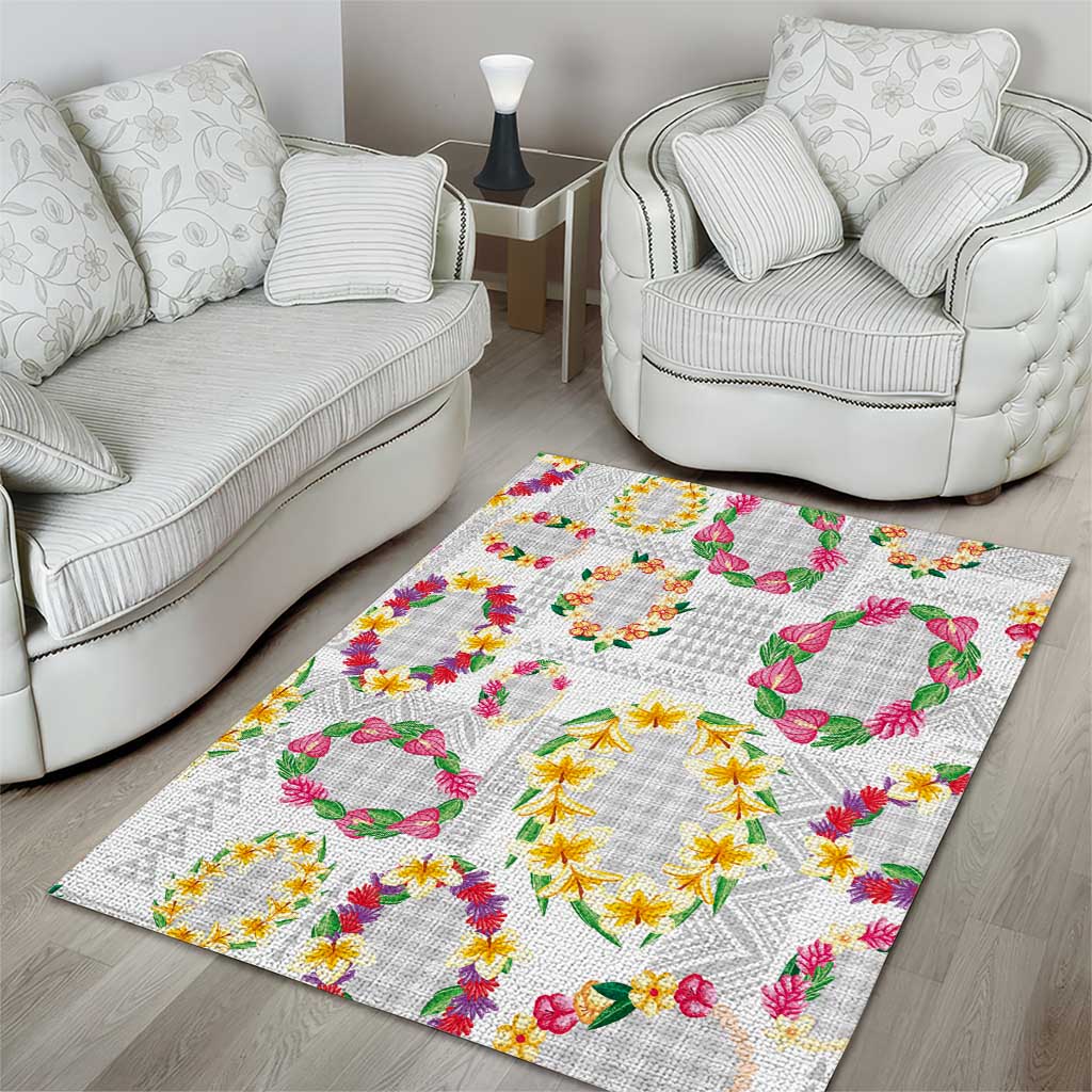 Hawaiian Kakau Tattoo Leis and Palaka Pattern Area Rug Traditional Aloha Tribal White Color LT03 - Polynesian Pride