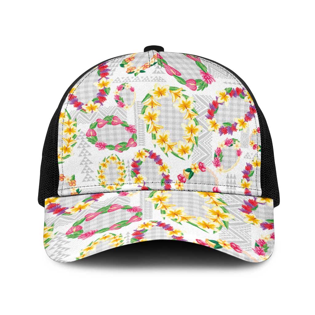 Hawaiian Kakau Tattoo Leis and Palaka Pattern Baseball Net Cap Traditional Aloha Tribal White Color