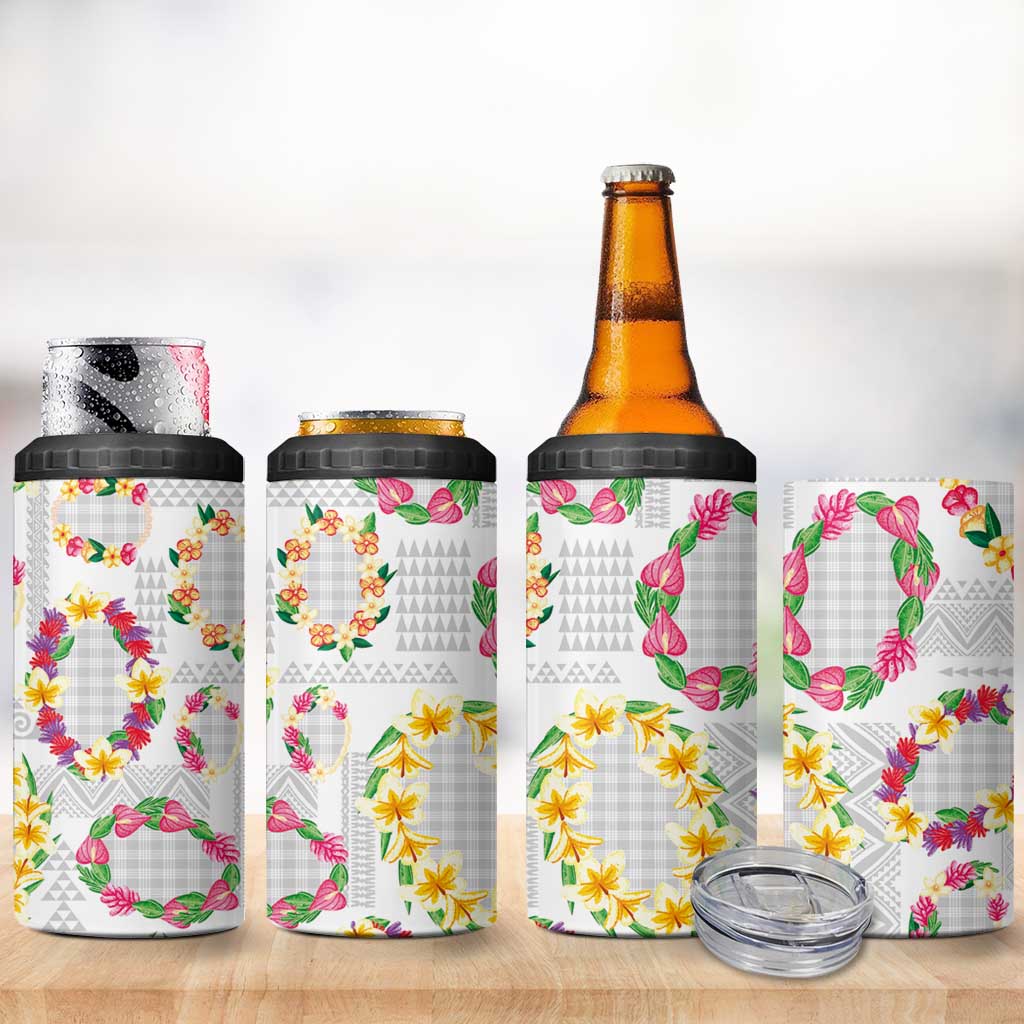 Hawaiian Kakau Tattoo Leis and Palaka Pattern 4 in 1 Can Cooler Tumbler Traditional Aloha Tribal White Color LT03 - Polynesian Pride