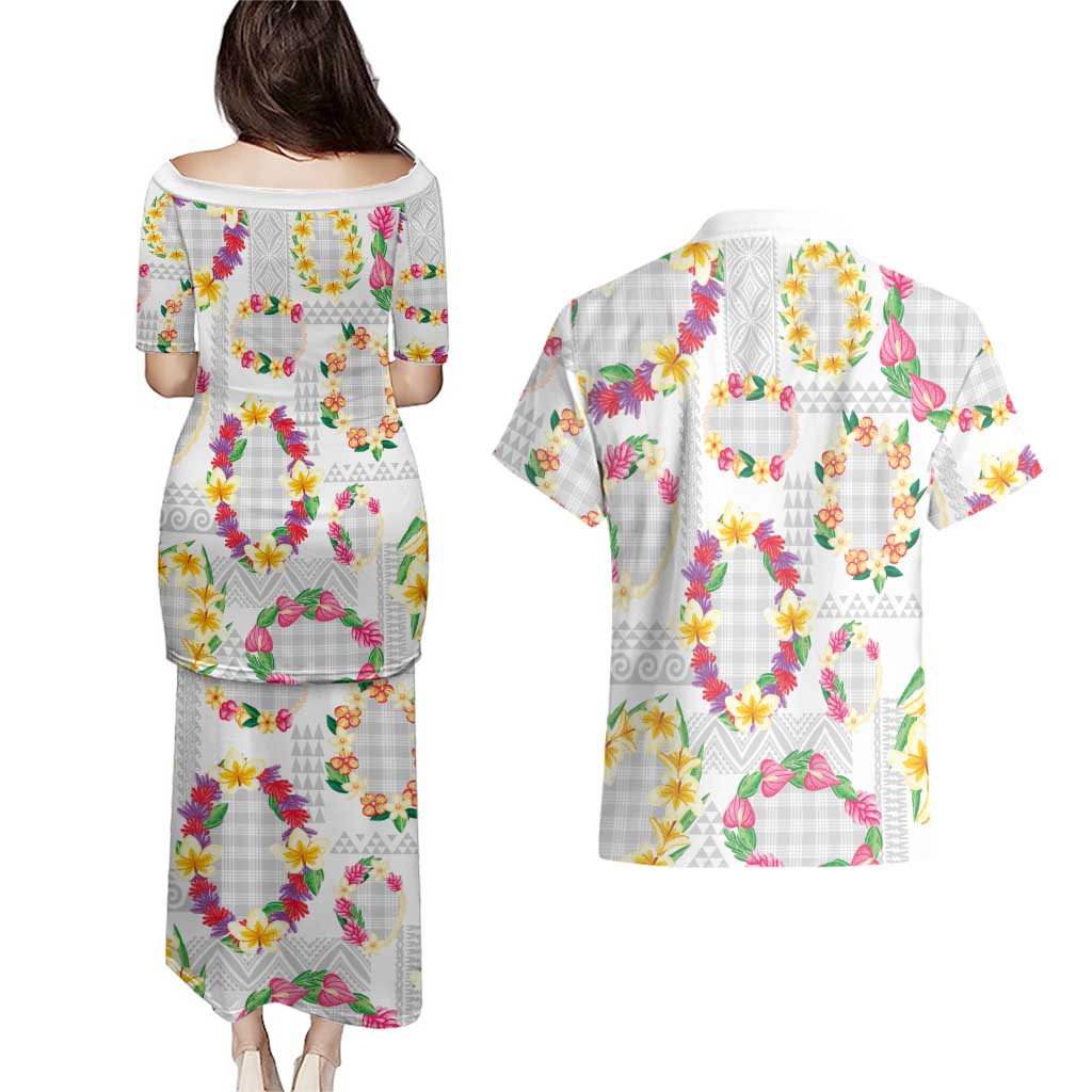 Hawaiian Kakau Tattoo Leis and Palaka Pattern Couples Matching Puletasi and Hawaiian Shirt Traditional Aloha Tribal White Color LT03 - Polynesian Pride