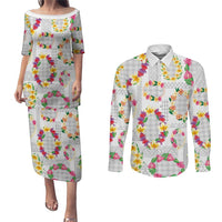 Hawaiian Kakau Tattoo Leis and Palaka Pattern Couples Matching Puletasi and Long Sleeve Button Shirt Traditional Aloha Tribal White Color LT03 White - Polynesian Pride
