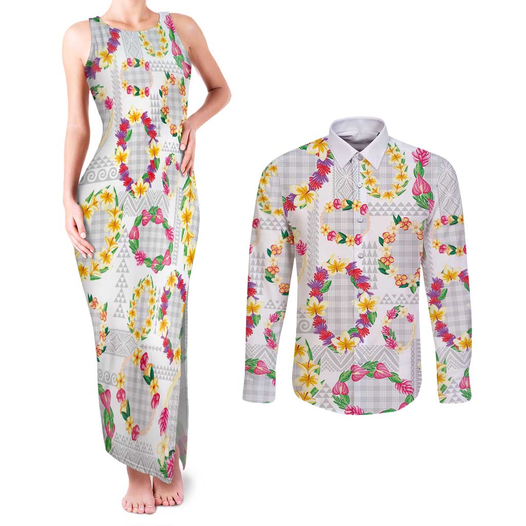 Hawaiian Kakau Tattoo Leis and Palaka Pattern Couples Matching Tank Maxi Dress and Long Sleeve Button Shirt Traditional Aloha Tribal White Color