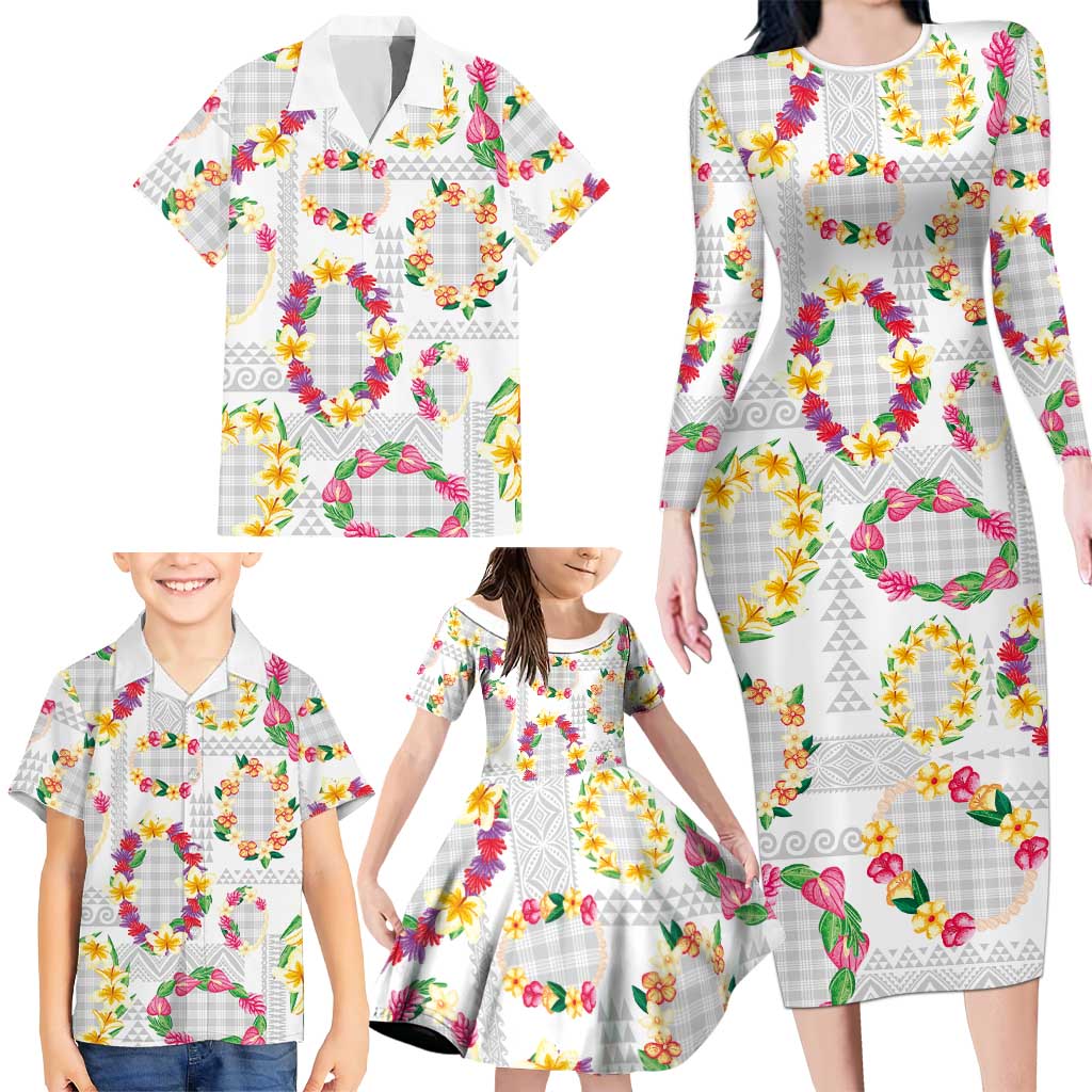 Hawaiian Kakau Tattoo Leis and Palaka Pattern Family Matching Long Sleeve Bodycon Dress and Hawaiian Shirt Traditional Aloha Tribal White Color LT03 - Polynesian Pride