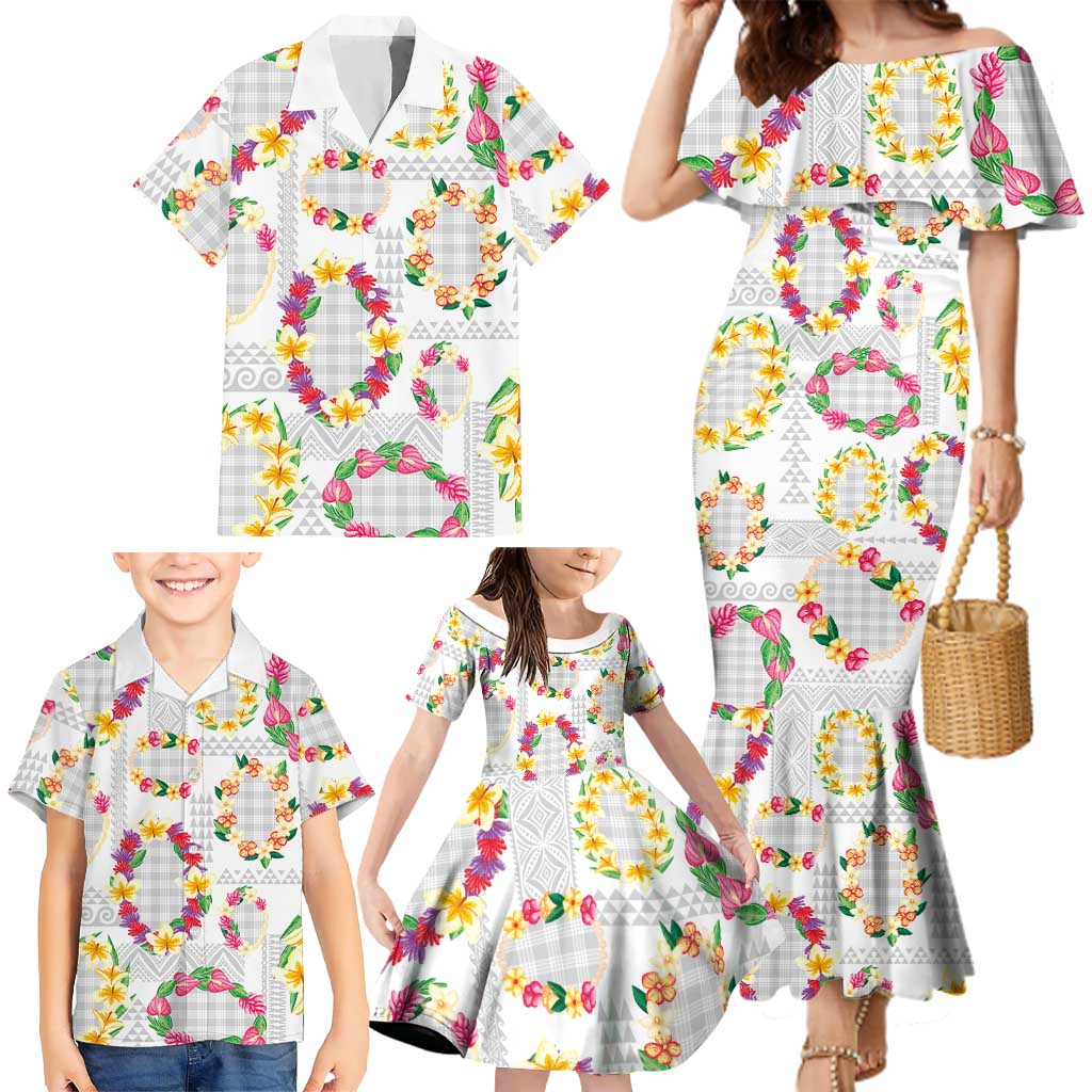 Hawaiian Kakau Tattoo Leis and Palaka Pattern Family Matching Mermaid Dress and Hawaiian Shirt Traditional Aloha Tribal White Color LT03 - Polynesian Pride