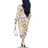 Hawaiian Kakau Tattoo Leis and Palaka Pattern Family Matching Off The Shoulder Long Sleeve Dress and Hawaiian Shirt Traditional Aloha Tribal White Color LT03 - Polynesian Pride