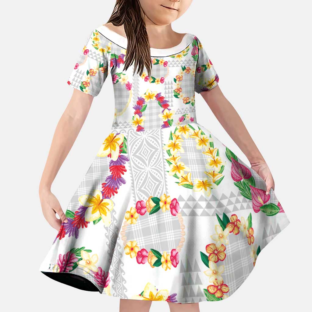 Hawaiian Kakau Tattoo Leis and Palaka Pattern Family Matching Off Shoulder Maxi Dress and Hawaiian Shirt Traditional Aloha Tribal White Color LT03 Daughter's Dress White - Polynesian Pride