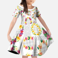 Hawaiian Kakau Tattoo Leis and Palaka Pattern Family Matching Off Shoulder Maxi Dress and Hawaiian Shirt Traditional Aloha Tribal White Color LT03 Daughter's Dress White - Polynesian Pride