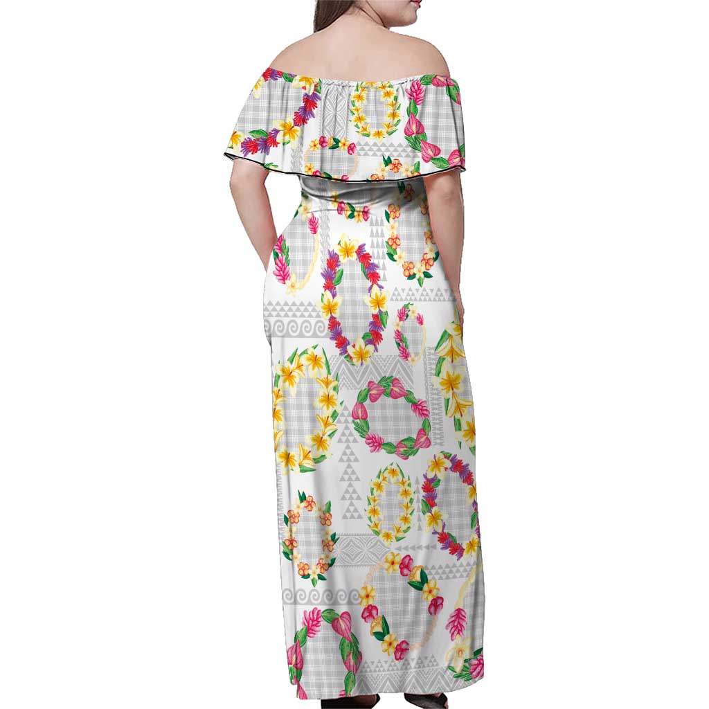 Hawaiian Kakau Tattoo Leis and Palaka Pattern Family Matching Off Shoulder Maxi Dress and Hawaiian Shirt Traditional Aloha Tribal White Color LT03 - Polynesian Pride