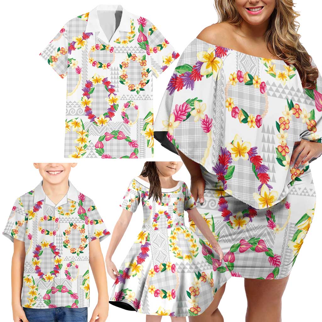 Hawaiian Kakau Tattoo Leis and Palaka Pattern Family Matching Off Shoulder Short Dress and Hawaiian Shirt Traditional Aloha Tribal White Color