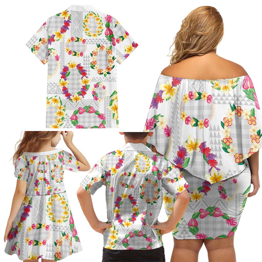 Hawaiian Kakau Tattoo Leis and Palaka Pattern Family Matching Off Shoulder Short Dress and Hawaiian Shirt Traditional Aloha Tribal White Color LT03 - Polynesian Pride