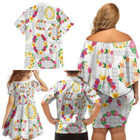 Hawaiian Kakau Tattoo Leis and Palaka Pattern Family Matching Off Shoulder Short Dress and Hawaiian Shirt Traditional Aloha Tribal White Color LT03 - Polynesian Pride