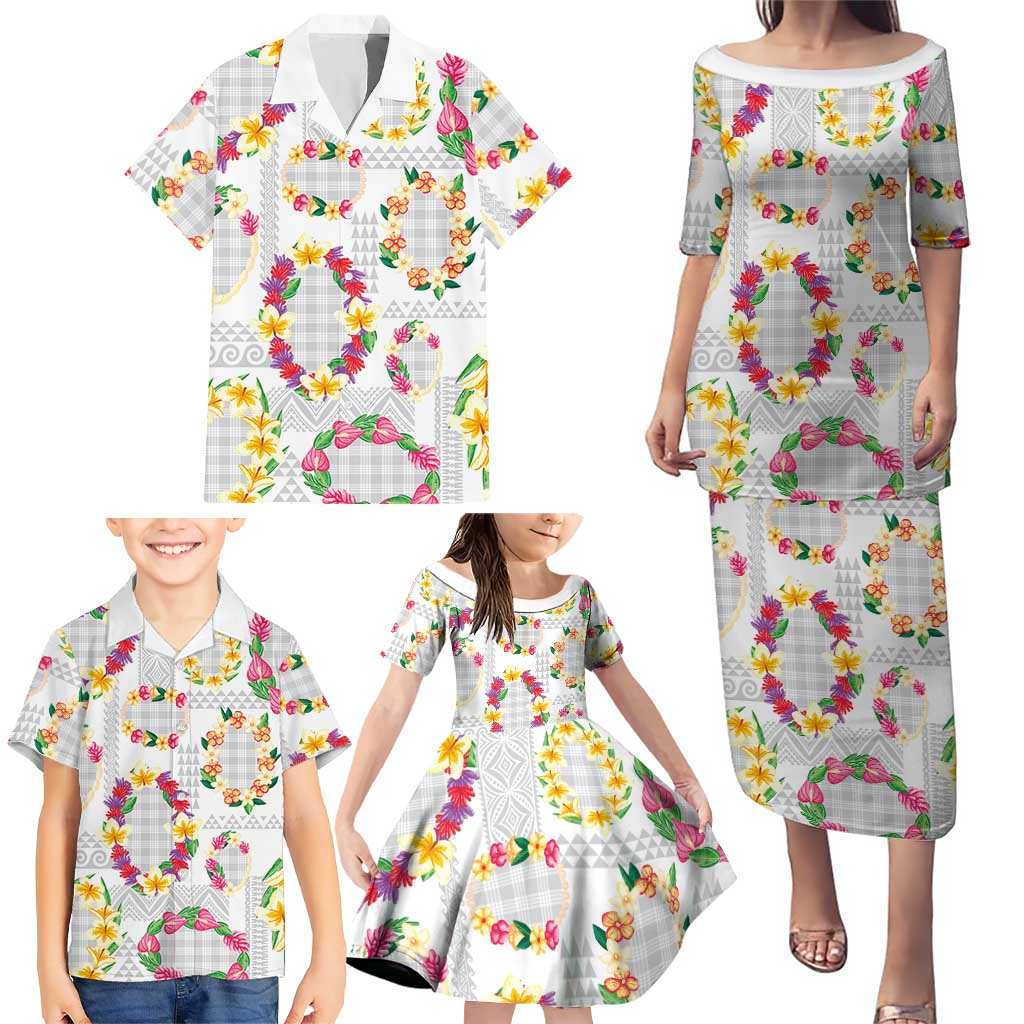 Hawaiian Kakau Tattoo Leis and Palaka Pattern Family Matching Puletasi and Hawaiian Shirt Traditional Aloha Tribal White Color LT03 - Polynesian Pride