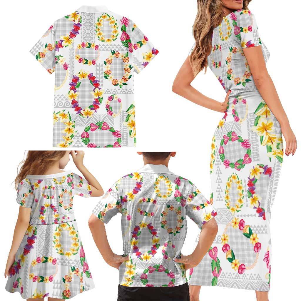 Hawaiian Kakau Tattoo Leis and Palaka Pattern Family Matching Short Sleeve Bodycon Dress and Hawaiian Shirt Traditional Aloha Tribal White Color LT03 - Polynesian Pride