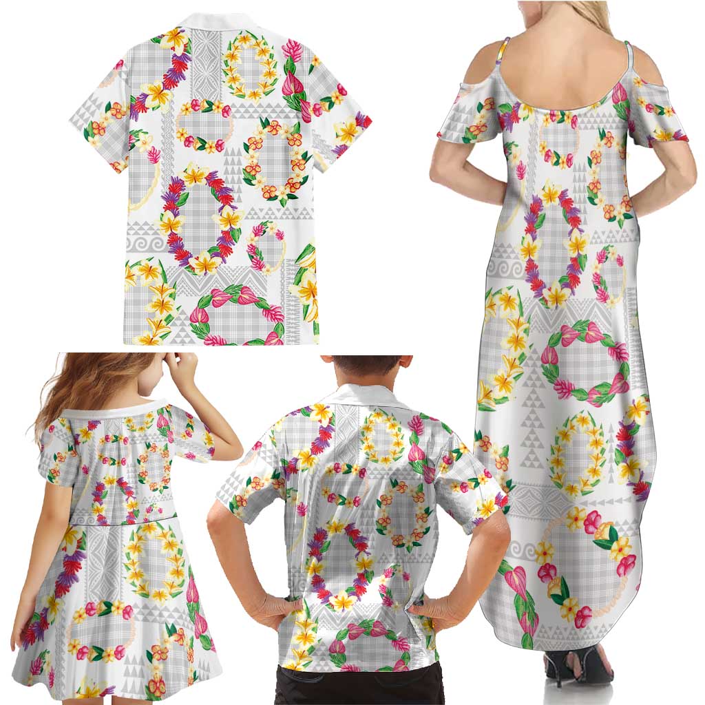 Hawaiian Kakau Tattoo Leis and Palaka Pattern Family Matching Summer Maxi Dress and Hawaiian Shirt Traditional Aloha Tribal White Color LT03 - Polynesian Pride