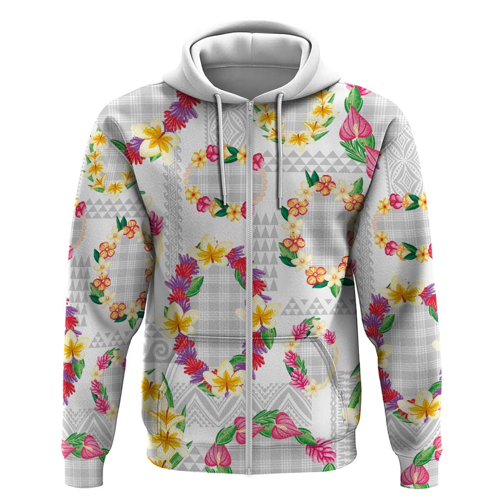 Hawaiian Kakau Tattoo Leis and Palaka Pattern Hoodie Traditional Aloha Tribal White Color LT03 Zip Hoodie White - Polynesian Pride