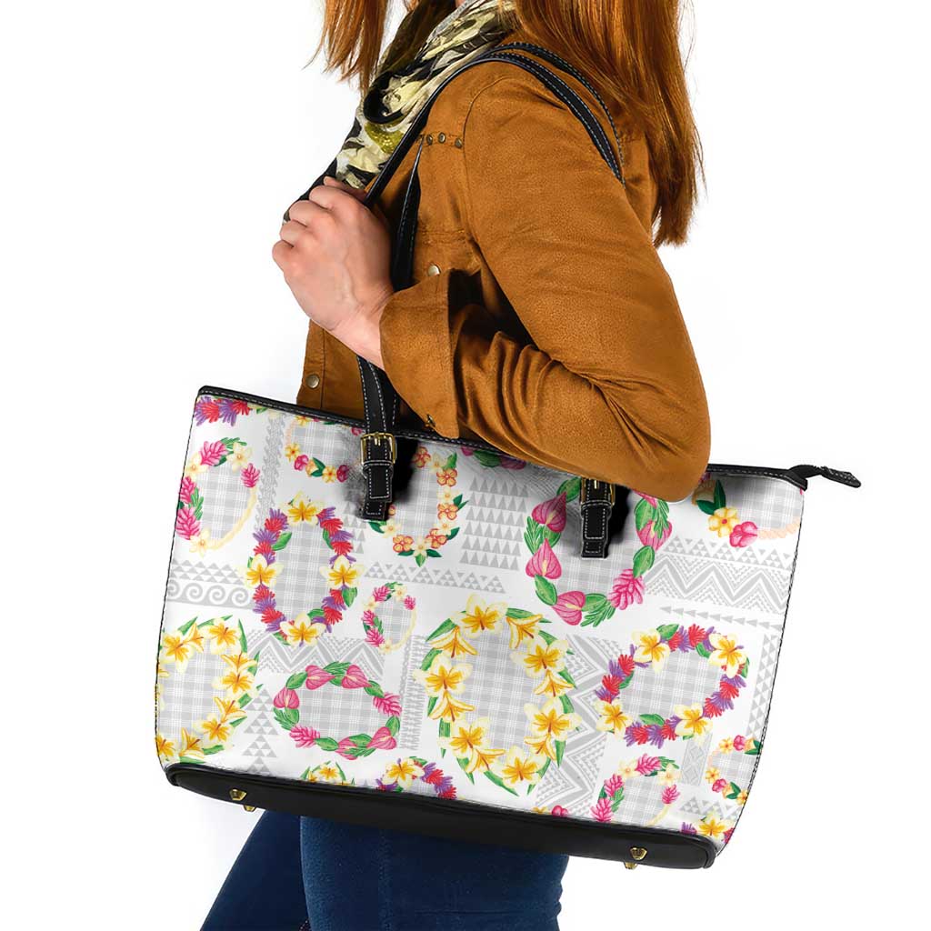 Hawaiian Kakau Tattoo Leis and Palaka Pattern Leather Tote Bag Traditional Aloha Tribal White Color LT03 White - Polynesian Pride