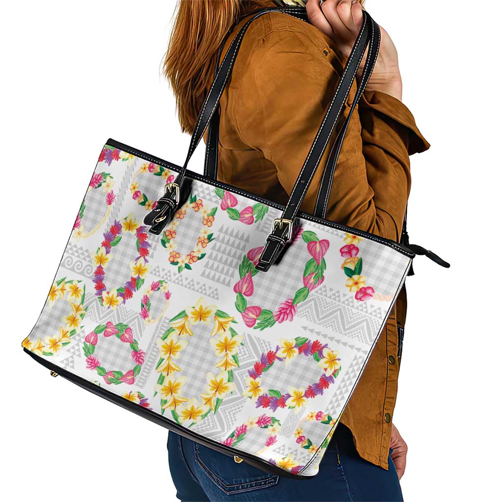 Hawaiian Kakau Tattoo Leis and Palaka Pattern Leather Tote Bag Traditional Aloha Tribal White Color LT03 - Polynesian Pride