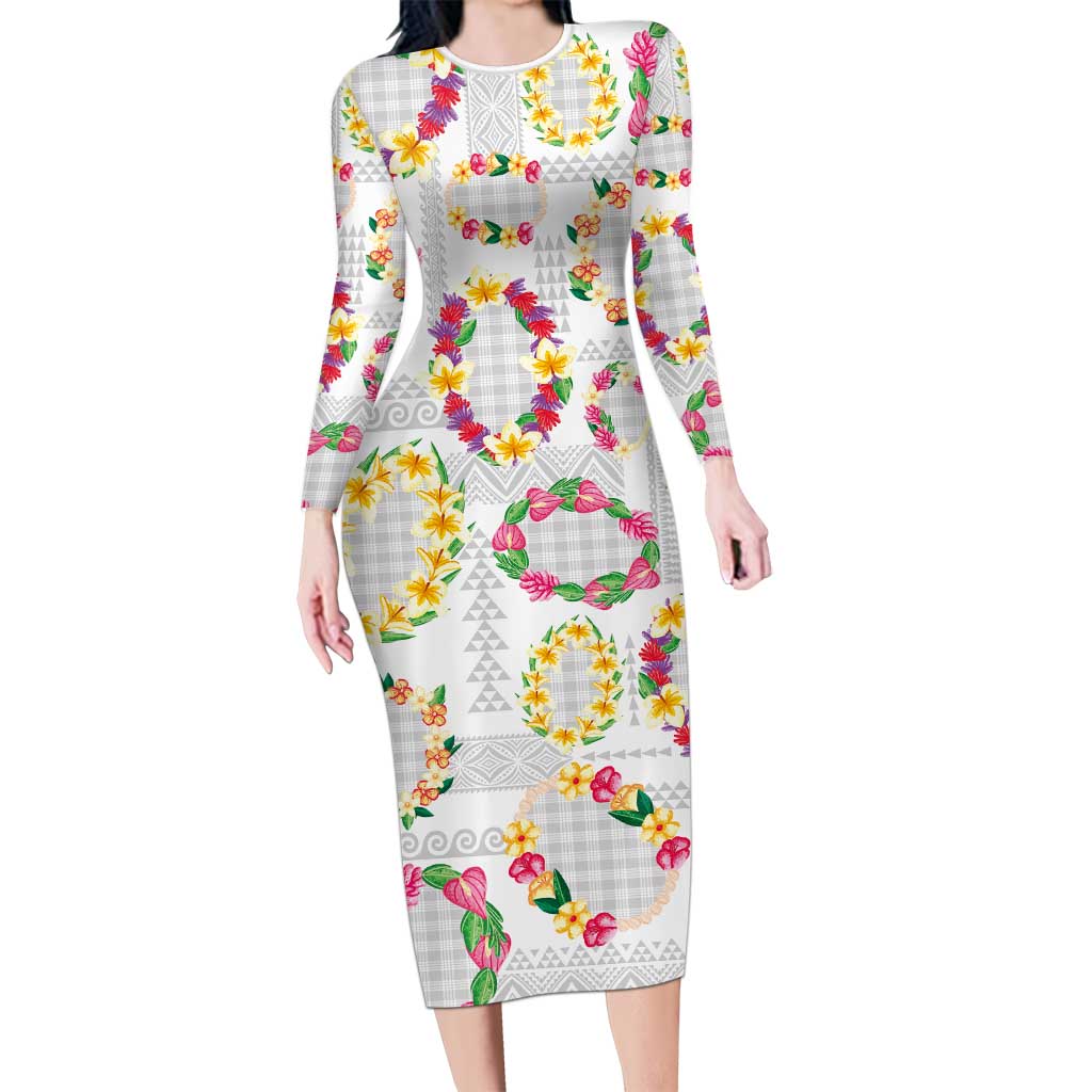 Hawaiian Kakau Tattoo Leis and Palaka Pattern Long Sleeve Bodycon Dress Traditional Aloha Tribal White Color
