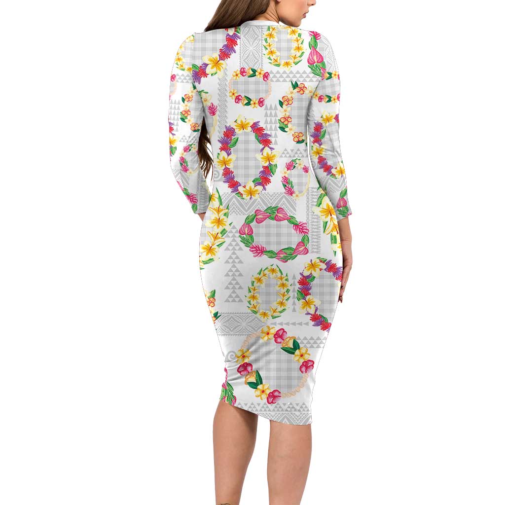 Hawaiian Kakau Tattoo Leis and Palaka Pattern Long Sleeve Bodycon Dress Traditional Aloha Tribal White Color LT03 - Polynesian Pride