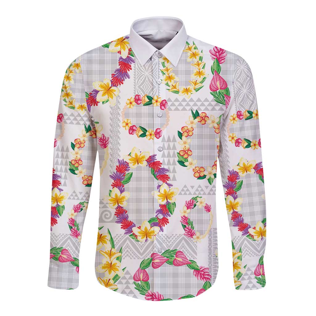 Hawaiian Kakau Tattoo Leis and Palaka Pattern Long Sleeve Button Shirt Traditional Aloha Tribal White Color LT03 Unisex White - Polynesian Pride
