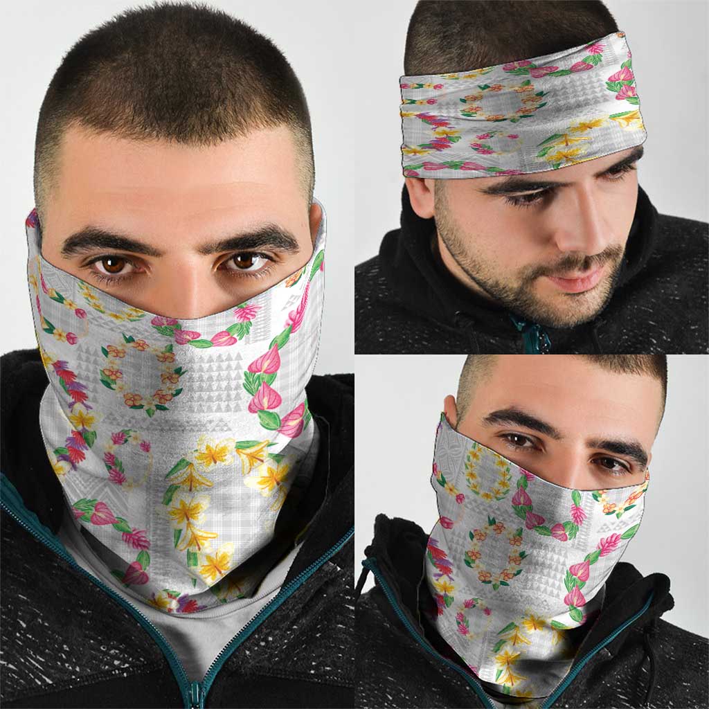 Hawaiian Kakau Tattoo Leis and Palaka Pattern Neck Gaiter Traditional Aloha Tribal White Color LT03 - Polynesian Pride