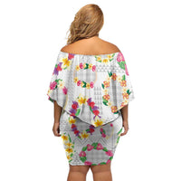 Hawaiian Kakau Tattoo Leis and Palaka Pattern Off Shoulder Short Dress Traditional Aloha Tribal White Color LT03 - Polynesian Pride
