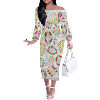 Hawaiian Kakau Tattoo Leis and Palaka Pattern Off The Shoulder Long Sleeve Dress Traditional Aloha Tribal White Color LT03 Women White - Polynesian Pride