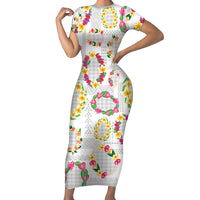 Hawaiian Kakau Tattoo Leis and Palaka Pattern Short Sleeve Bodycon Dress Traditional Aloha Tribal White Color LT03 Long Dress White - Polynesian Pride
